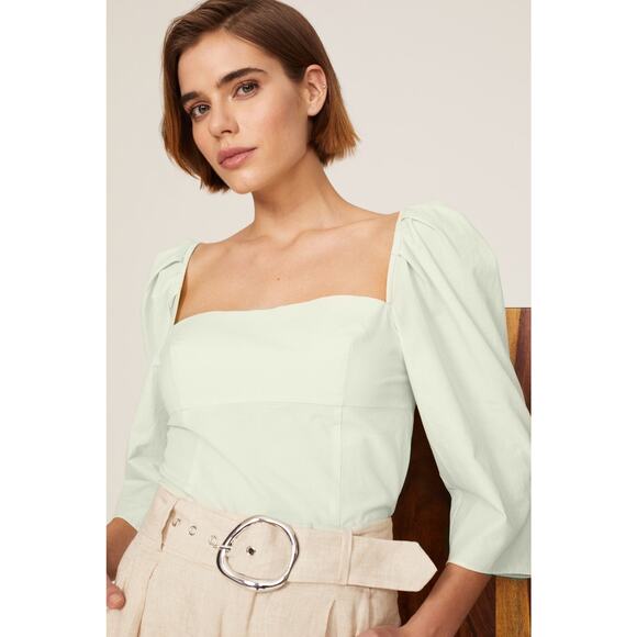 VINCE Green Cotton Square Neckline Three-Quarter Sleeves Draped Top Size 12 - Picture 4 of 13